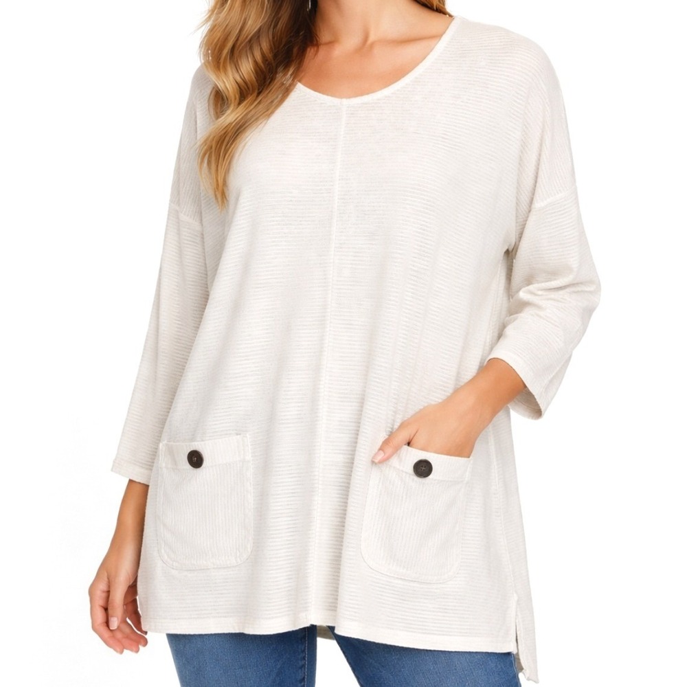 Simply Noelle Cream Ribbed Tunic Top Womens Size S/M 3/4‎ Sleeve Pocket Button
